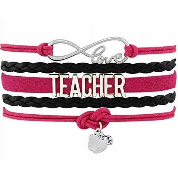 Divine Kids Teacher Leather and Suede Charm Bracelet (Black, Pink)