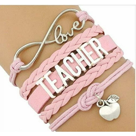 Divine Kids Teacher Leather and Suede Charm Bracelet (Pink)