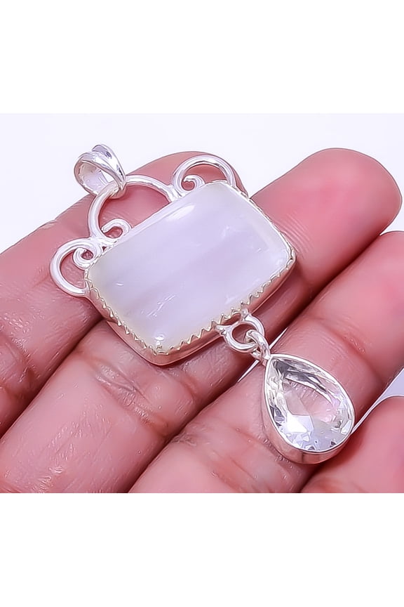 Divine Light Selenite  Gemstone 925 Sterling Silver Handmade Pendant 2.15" A314, Beautiful Jewelry For Woman, New Year Sale, Valentin's Day Gift