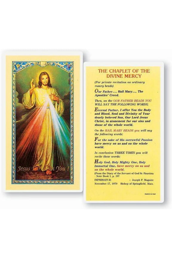 Divine Mercy Chaplet Laminated Catholic Prayer Holy Card with Prayer on Back, Pack of 25