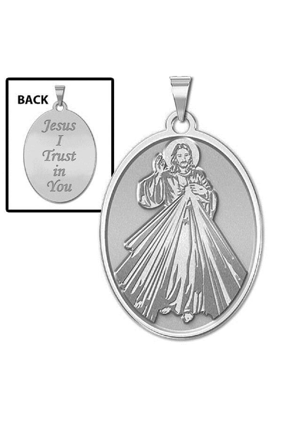 Divine Mercy Double Sided Oval Religious Medal - 1/2 X 2/3 Inch Size of Dime, Sterling Silver