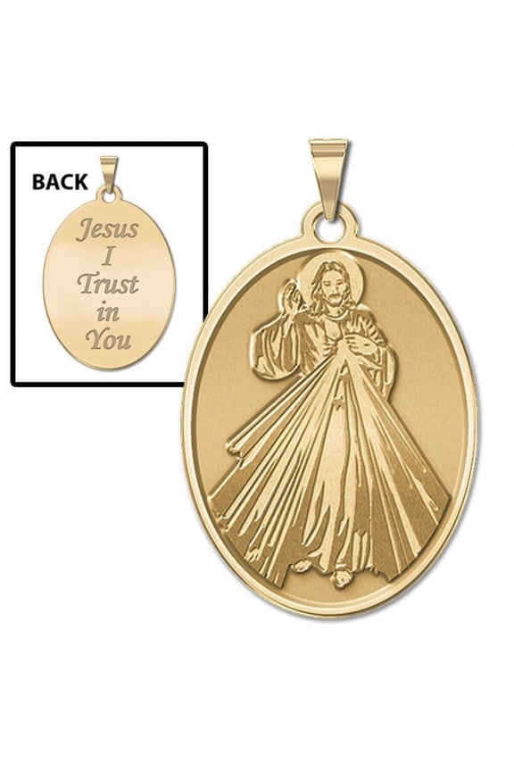 Divine Mercy Double Sided Oval Religious Medal - 3/4 Inch X 1 Inch -Solid 14K Yellow Gold