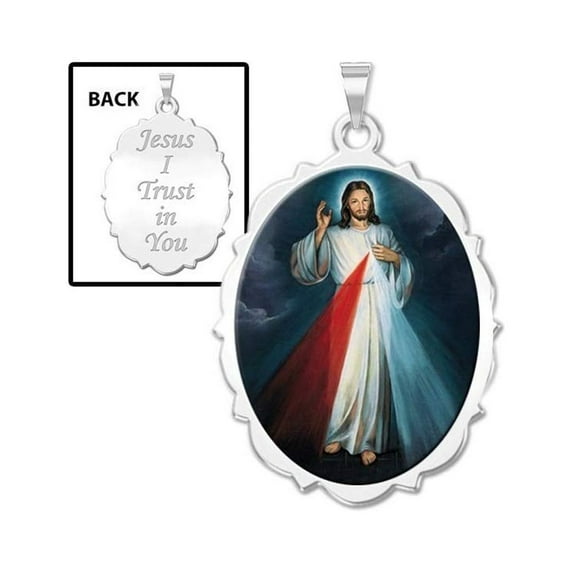 Divine Mercy Double Sided Scalloped Oval Religious Medal Color 2/3 x 3/4 inch Size of Nickel, Sterling Silver