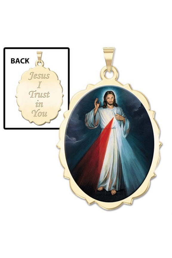 Divine Mercy Double Sided Scalloped Oval Religious Medal Color 3/4 Inch X 1 Inch -Solid 14K Yellow Gold