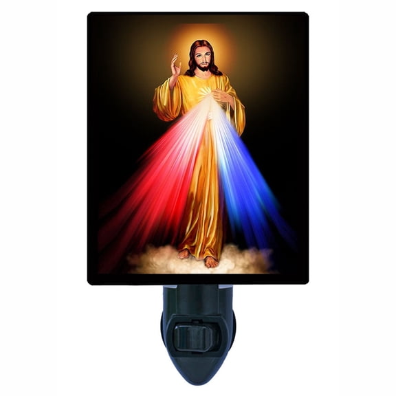 Divine Mercy Night Light Sacred Jesus Image with Radiant Light Beams, Christian Faith Art, Inspirational Religious, Free Switchable Insert