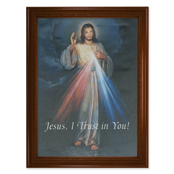 Divine Mercy Picture Framed Canvas Wall Art Decor Large, Natural Walnut Finished Frame with Fluted Detail