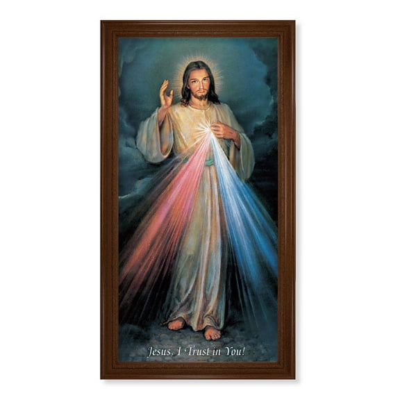 Divine Mercy Picture Framed Wall Art Decor, Extra Large, Natural Walnut Finishe Classic Fluted Frame