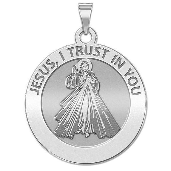Divine Mercy Religious Medal - 2/3 Inch Size of Dime, Solid 14K White Gold