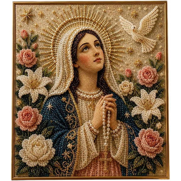 Divine Pearl Bead Virgin Mary Icon – a Peaceful DIY Faith Art Gift, Diamond Painting Kit for Adults, Christian Artwork, Religious Hanging Ornament, Handmade, Beginner Friendly (Rosary Rose)