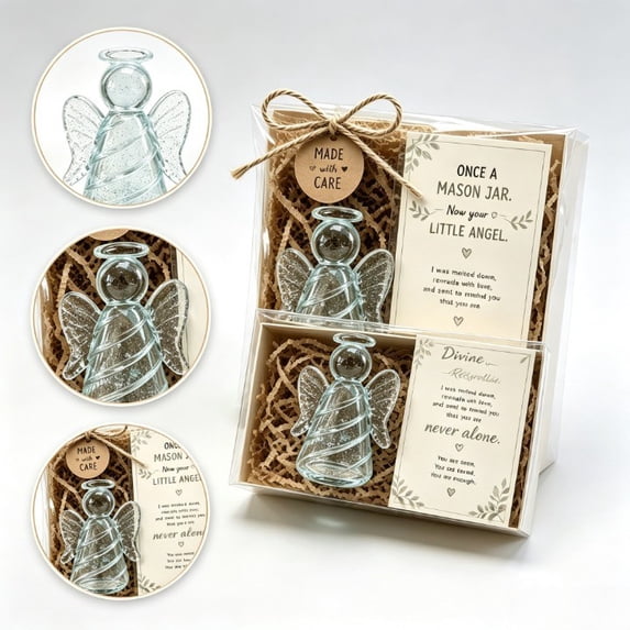 Divine Recycled Angel Keepsake, Recycled Glass Angel Figurine With Heartfelt Card, Symbol Of Hope Decorative Gift, Uplifting Home Decor For Shelf Tabletop Display