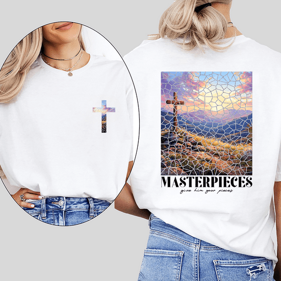 Divine Restoration Masterpieces Print Tshirts Artisan Design Bible Verse Graphic Tees Spiritual Journey Faith Based Short Sleeve Tops White,L