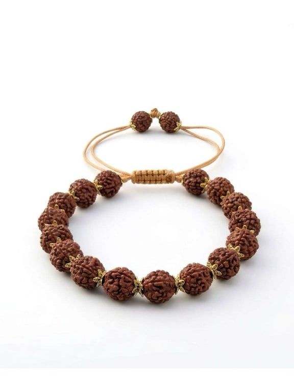 Divine Rudraksha Bracelet for Men and Women, 8MM Beads, 6.5 Inch Spiritual Wristband with Decorative Gold-Tone Spacers, Adjustable Thread Bracelet for Daily Wear and Meditation