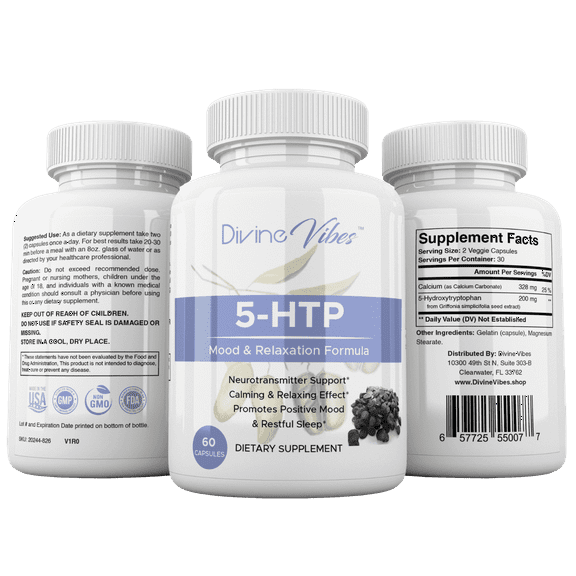 Divine Vibes 5-HTP 200mg Plus Calcium  Mood & Relaxation Formula for Positive Mood, Stress Relief & Restful Sleep  Boosts Serotonin Naturally  Non-GMO, All Natural, 30 Day Supply, Made in USA