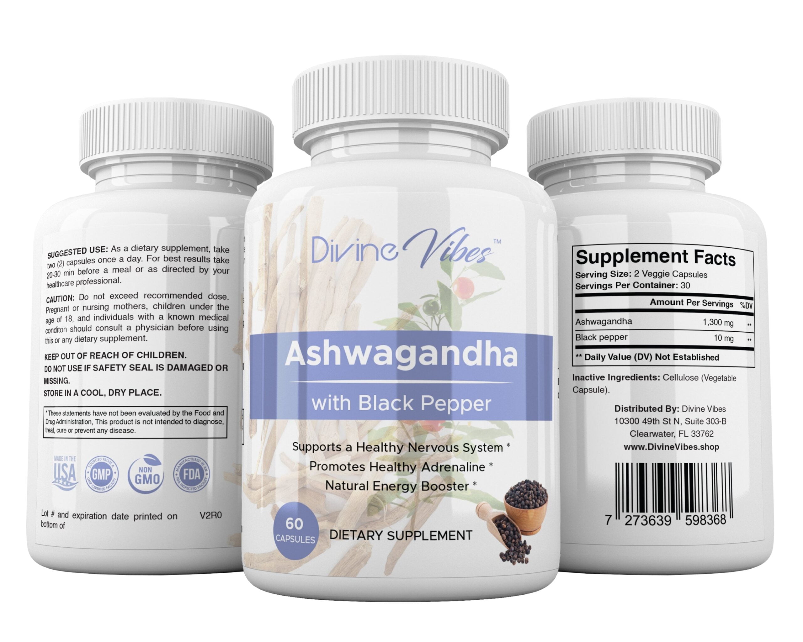 Divine Vibes Ashwagandha with Black Pepper – Natural Stress Relief, Adrenal & Energy Support – Non-GMO, Gluten-Free, 60 Veggie Capsules, Made in USA – 30 Day Supply