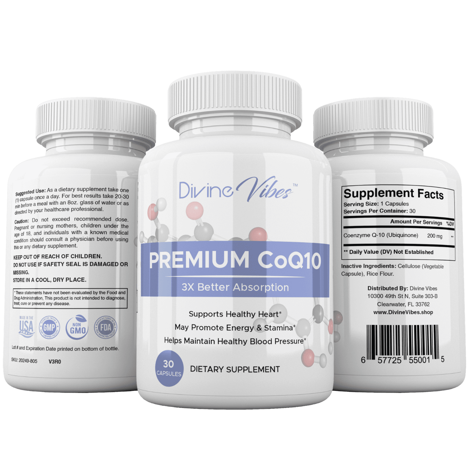 Divine Vibes Premium CoQ10 200mg – High Absorption Ubiquinone Supplement for Heart & Energy Support – Antioxidant, Non-GMO, Gluten-Free, 30 Capsules, Made in USA