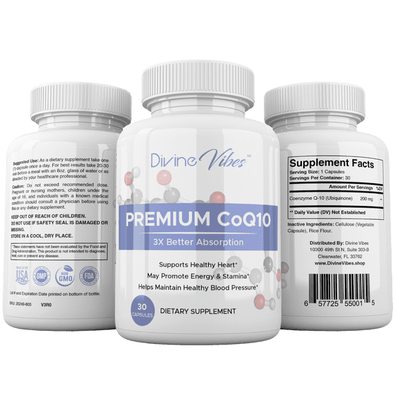 Divine Vibes Premium CoQ10 200mg – High Absorption Ubiquinone Supplement for Heart & Energy Support – Antioxidant, Non-GMO, Gluten-Free, 30 Capsules, Made in USA