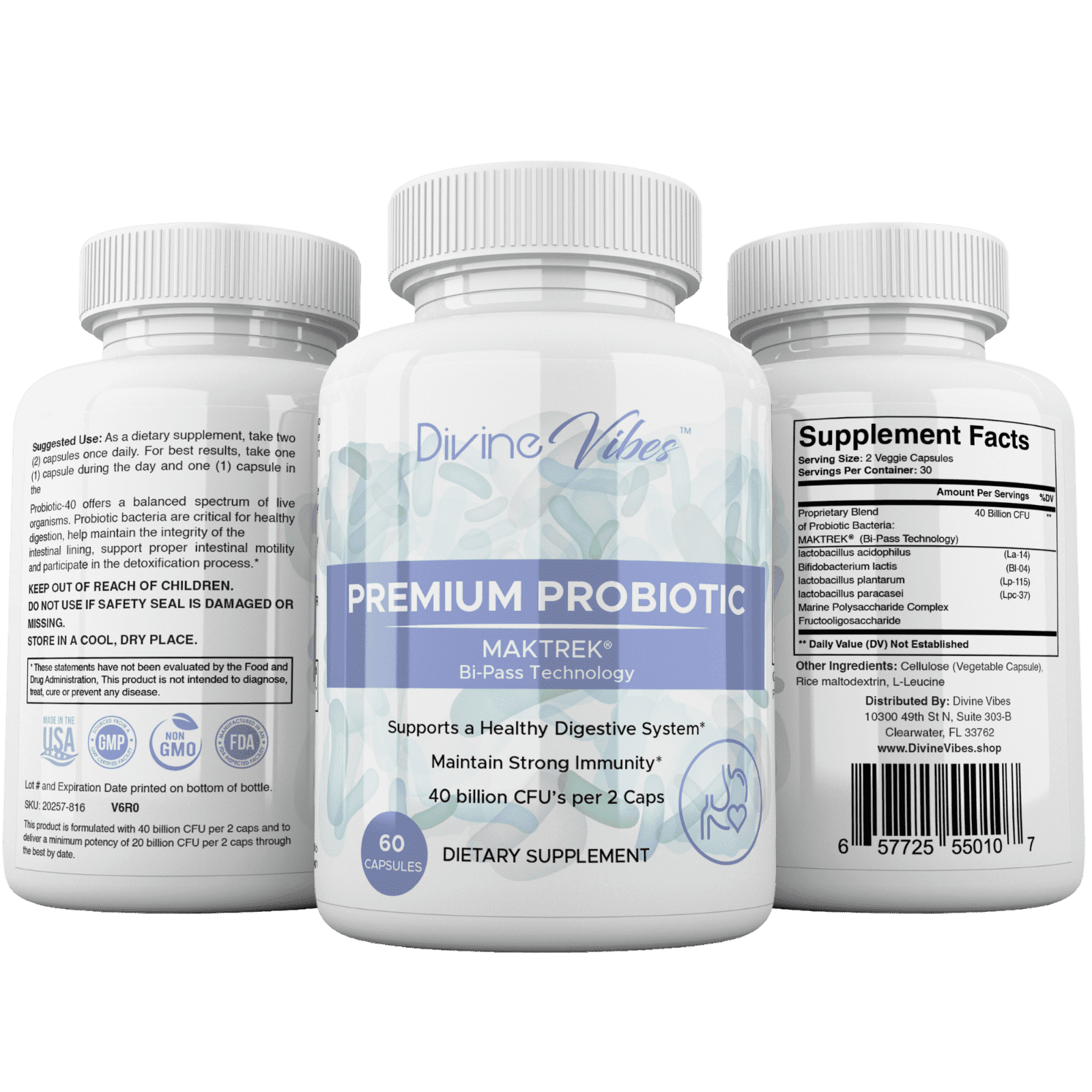 Divine Vibes Premium Probiotic 40 Billion CFU with MAKTrek Bi-Pass Technology – All Natural, Non-GMO, Gluten Free Digestive & Immune Support for Women & Men – 30 Day Supply – Made in USA
