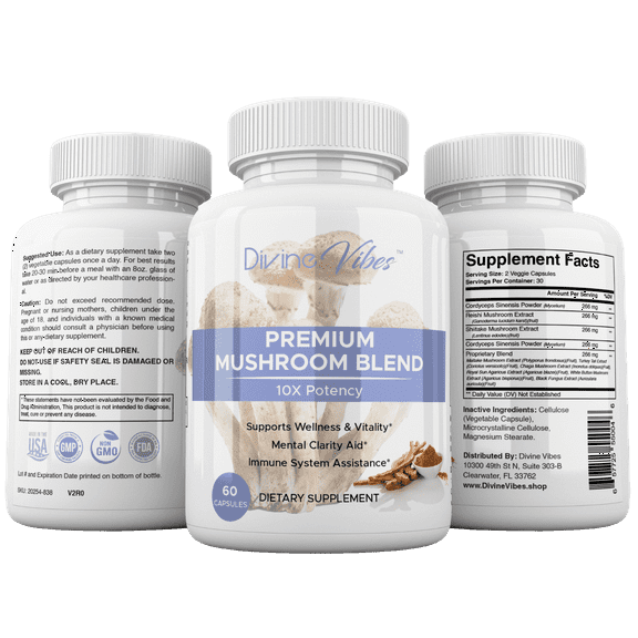 Divine Vibes Premium Mushroom Blend Supplement Supports Mental Clarity, Focus, Memory & Immunity Natural Non-GMO Mushroom Complex, 10X Potency, 60 Capsules, Made in USA