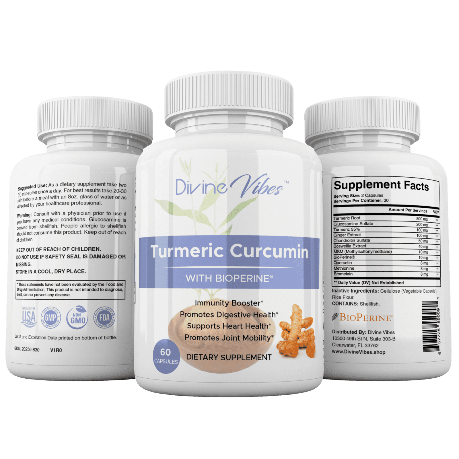Divine Vibes Turmeric Curcumin with BioPerine® Black Pepper Extract – 95% Curcuminoids, Supports Joint, Heart & Digestive Health, Non-GMO, Gluten-Free, 60 Capsules, Made in USA