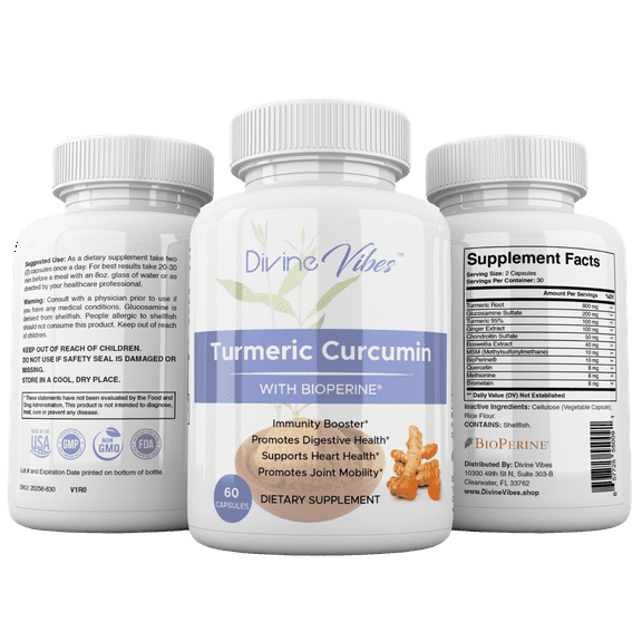 Divine Vibes Turmeric Curcumin with BioPerine® Black Pepper Extract – 95% Curcuminoids, Supports Joint, Heart & Digestive Health, Non-GMO, Gluten-Free, 60 Capsules, Made in USA