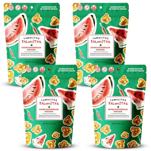 Palomitaz Divine Watermelon Popcorn  Sweet & Spicy Mexican-Style Kettle Corn with Chili, Lime & Sea Salt  Fruity Handcrafted Snack, Gluten-Free, Vegan, No Artificial Colors, 4 Bags 4oz Each