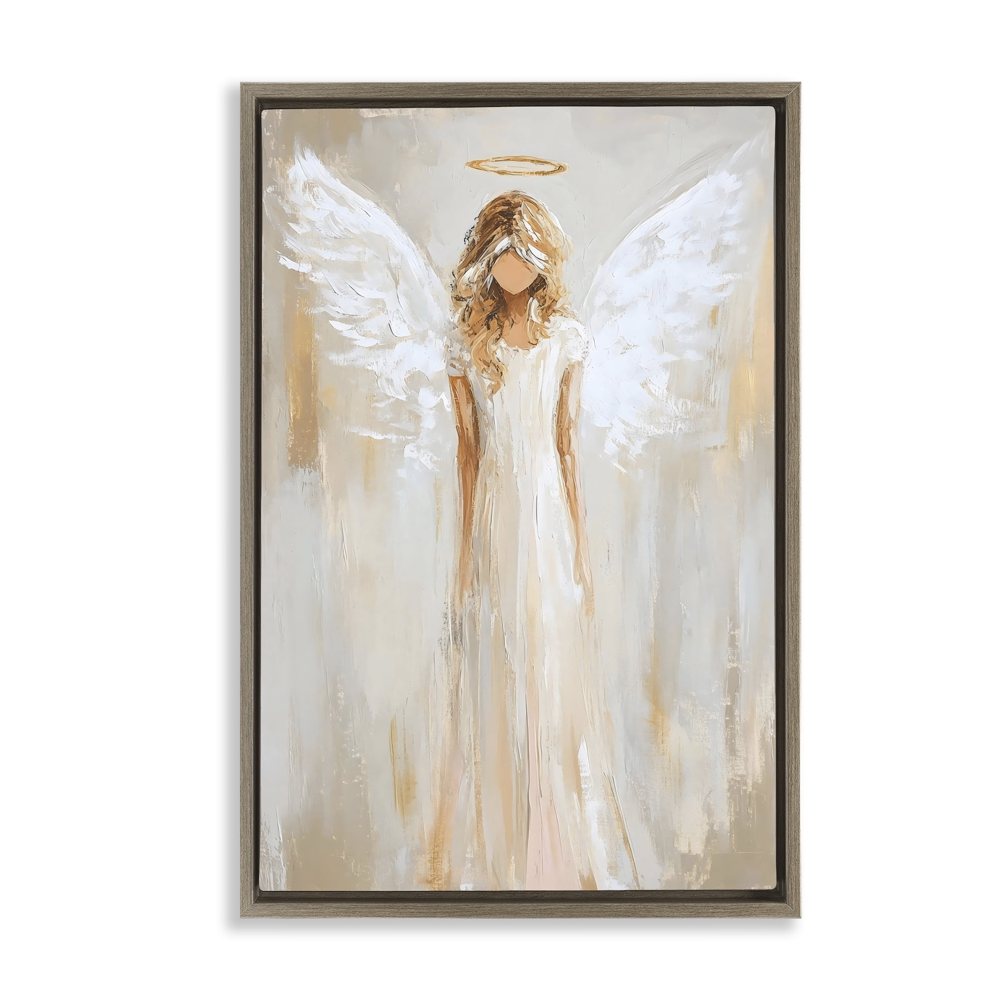 Divine White Robe Angel Brown Framed Floater Canvas Wall Art, design by Petal Prints Design