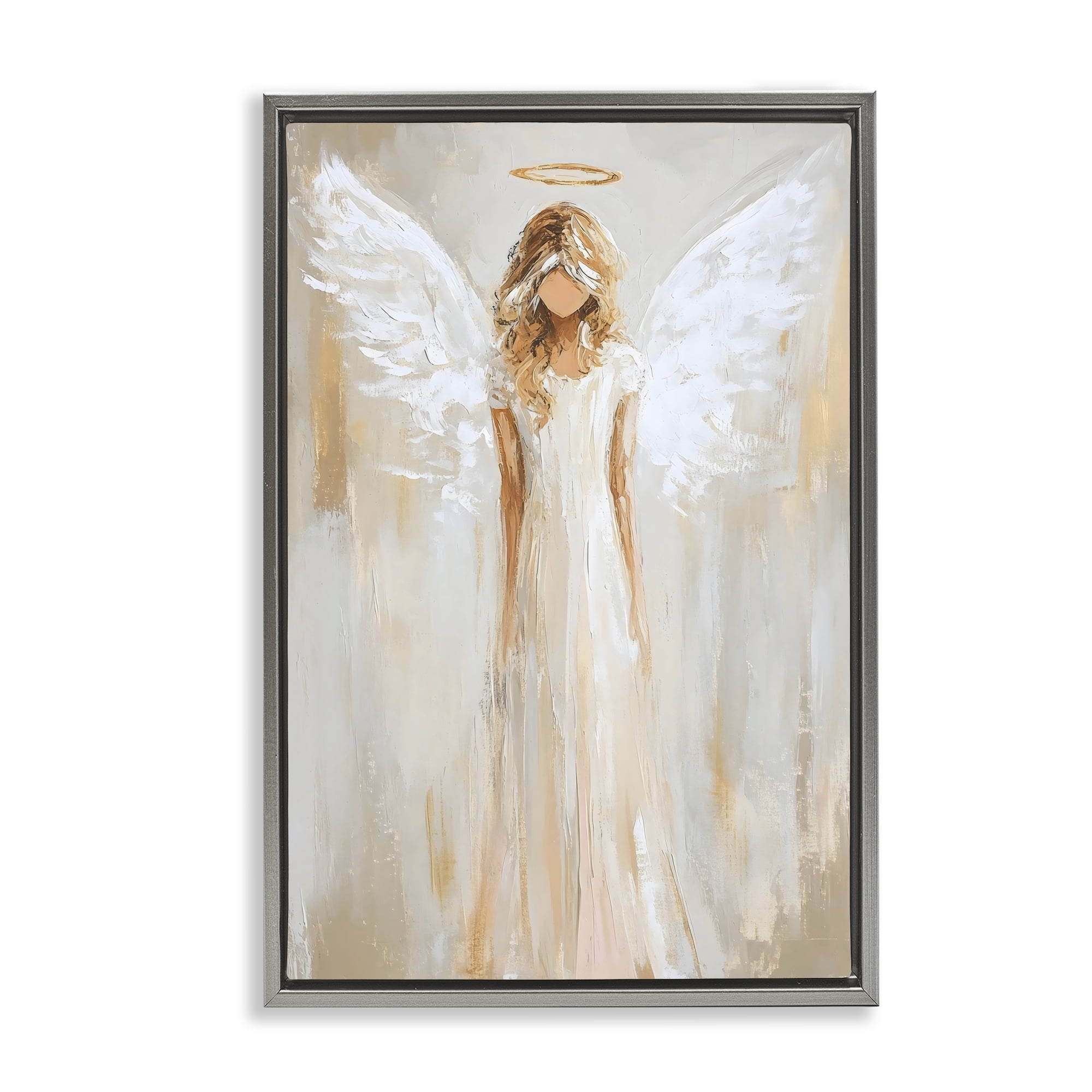 Divine White Robe Angel Gray Framed Floater Canvas Wall Art, design by Petal Prints Design