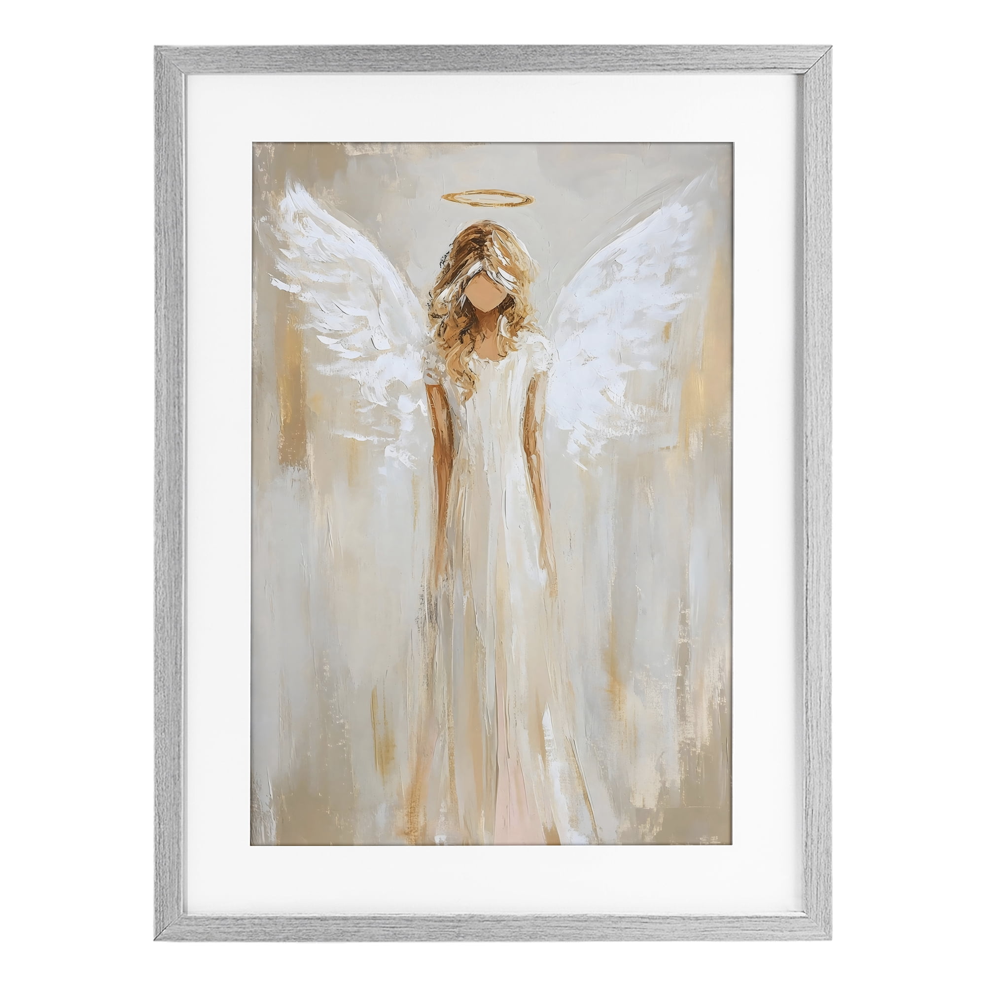Divine White Robe Angel Gray Framed Print Under Glass, design by Petal Prints Design