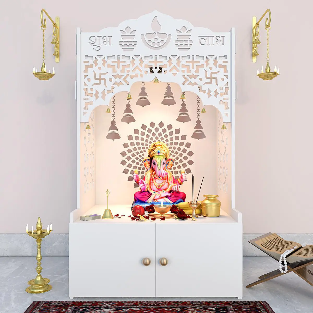 Homscape Divine Wooden Temple for Serenity with Spacious Shelf with Inbuilt Focus Light - White Color