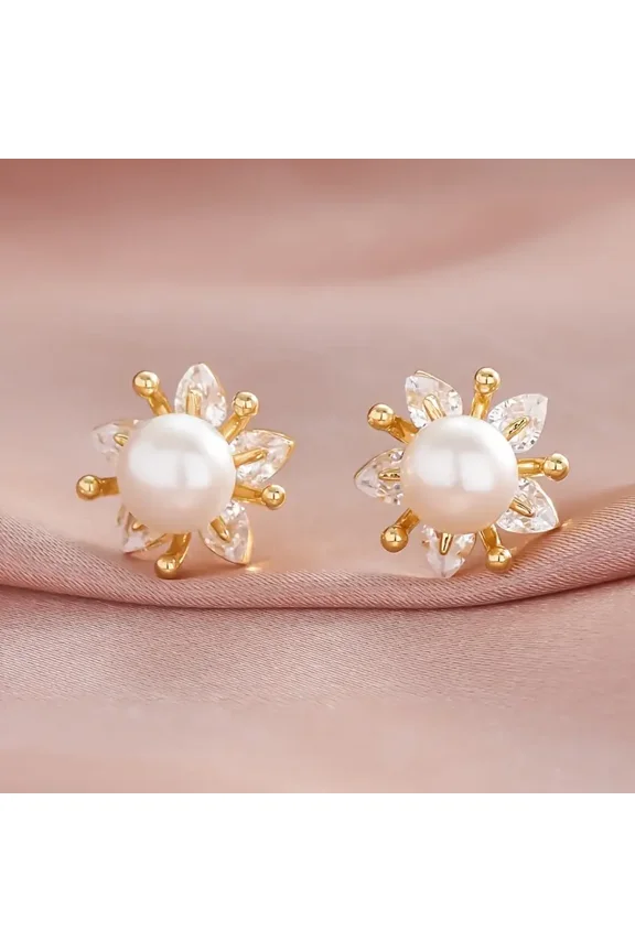 1.25 Ctw Round Cut Simulated Pearl Womens Christmas Stud Earrings 14K Yellow Gold Plated 925 Sterling Silver