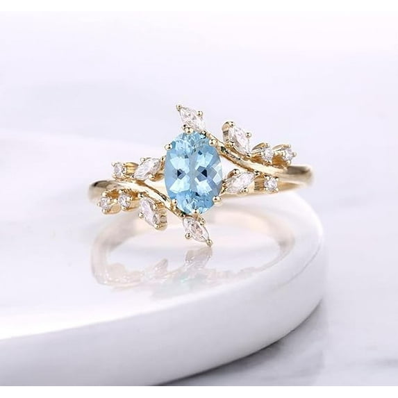 Divine_creation 1.90 Ct Oval Cut Aquamarine Leaf Stunning Womens Engagment Ring 14K Yellow Gold Plated 925 Sterling Silver -4.5