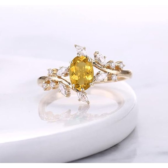 Divine_creation 1.90 Ct Oval Cut Yellow Citrine Trendy Stunning Womens Engagment Ring 14K Yellow Gold Plated 925 Sterling Silver -6.5