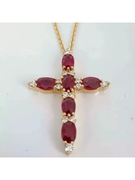 Divine_creation 10 Ct Oval Cut Red Ruby Womens Cross Pendant 14K Yellow Gold Plated 925 Sterling Silver