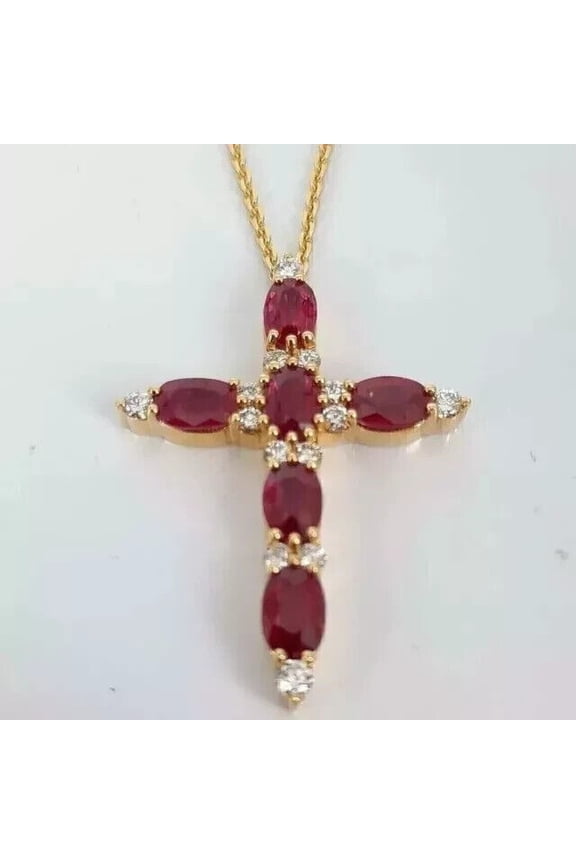 10 Ct Oval Cut Red Ruby Womens Cross Pendant 14K Yellow Gold Plated 925 Sterling Silver