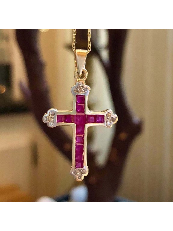 Divine_creation 10 Ct Princess Cut Red Ruby Womens Cross Pendant 14K Yellow Gold Plated 925 Sterling Silver
