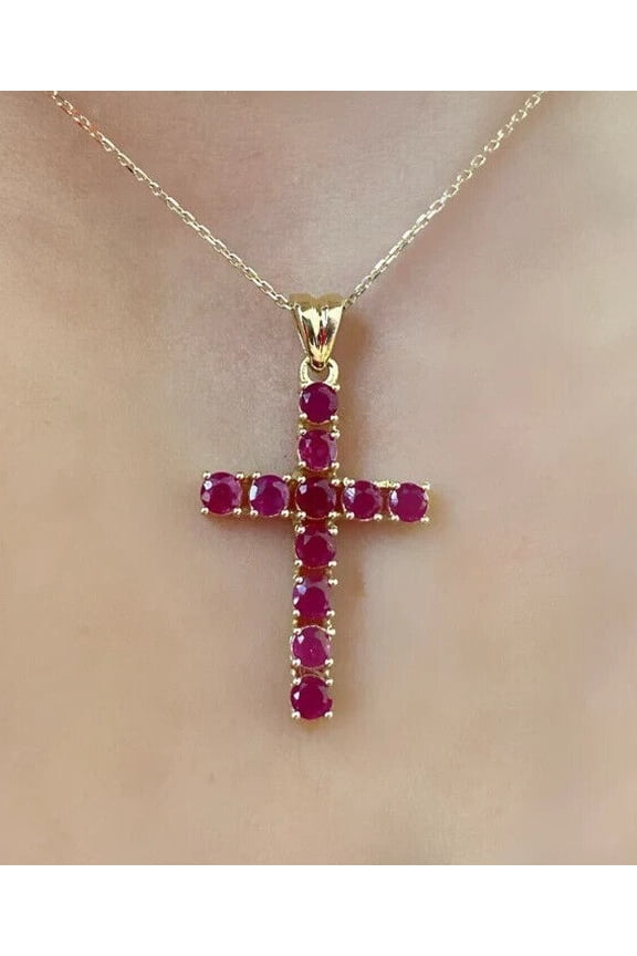 10 Ct Round Cut Red Ruby Womens Cross Pendant 14K Yellow Gold Plated 925 Sterling Silver