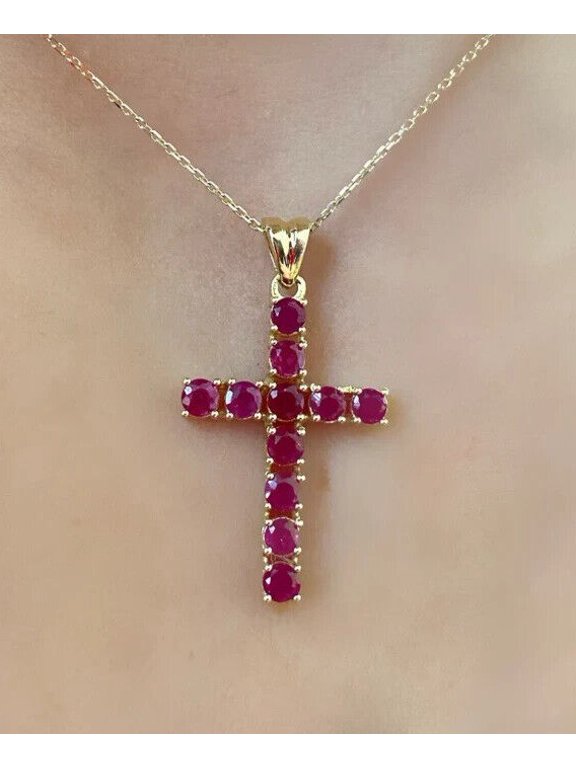 Divine_creation 10 Ct Round Cut Red Ruby Womens Cross Pendant 14K Yellow Gold Plated 925 Sterling Silver