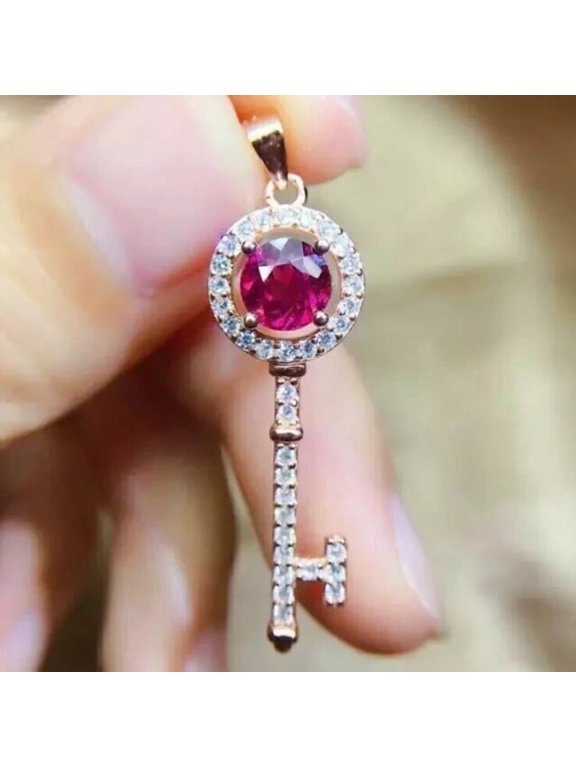 Divine_creation 10 Ct Round Cut Red Ruby Womens Key Shape Pendant 14K Rose Gold Plated 925 Sterling Silver