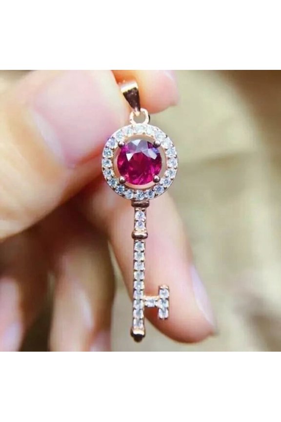 10 Ct Round Cut Red Ruby Womens Key Shape Pendant 14K Rose Gold Plated 925 Sterling Silver