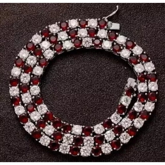 Divine_creation 12 Ct Round Cut Red Ruby Unisex Tennis Necklace 14K White Gold Plated 925 Sterling Silver