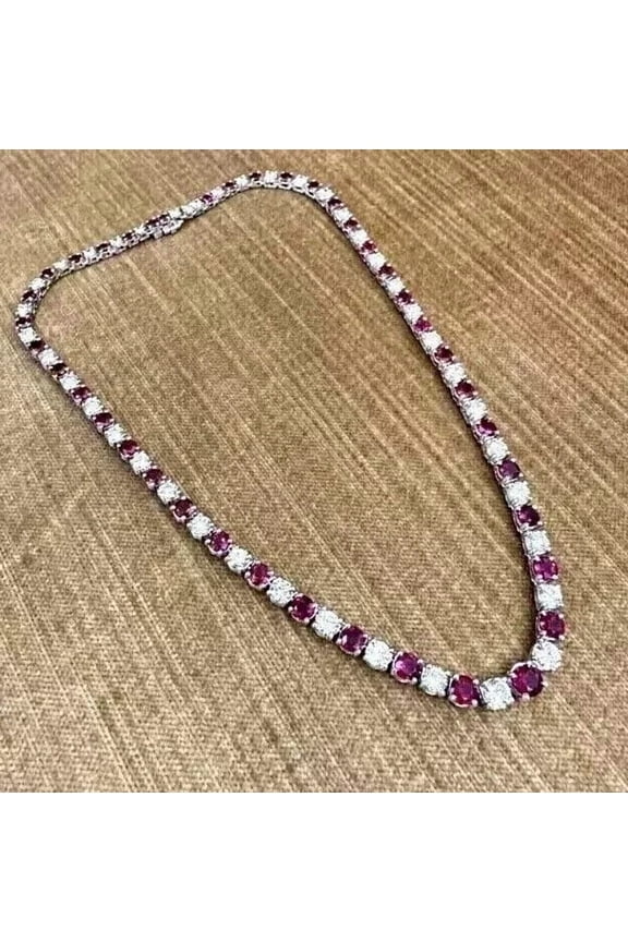 12 Ctw Round Cut Red Ruby Womens Tennis Necklace 14K White Gold Plated 925 Sterling Silver