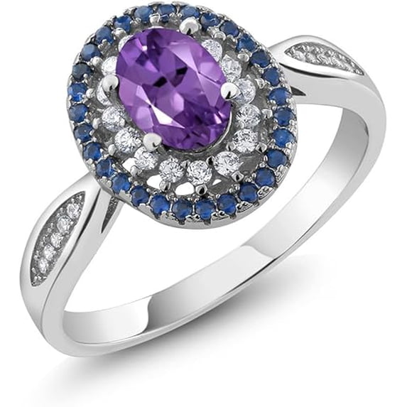 Divine_creation 14K White Gold Plated 925 Sterling Silver 2.00 Ct Oval Cut Purple Amethyst Engagement Wedding Double Halo Ring For Women's -6.5