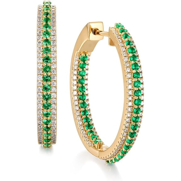 Divine_creation 14K Yellow Gold Plated 2.10 Ctw Round Cut Green Emerald Inside Out Womens Hoop Earrings