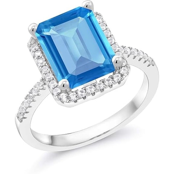 Divine_creation 2.00 Ct Emerald Cut Blue Topaz Womens Engagement Band Ring 14K White Gold Plated 925 Sterling Silver -9.5