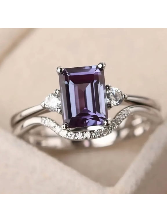 Divine_creation 2.00 Ct Emerald Cut Purple Amethyst Womens Wedding Bridal Ring Set 14K White Gold Plated 925 Sterling Silver -6