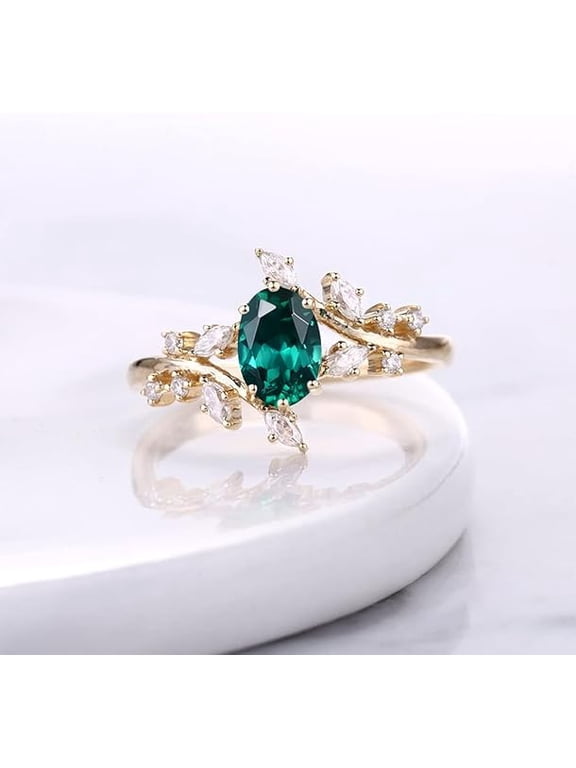 Divine_creation 2.00 Ct Oval Cut Green Emerald Stunning Womens Engagment Ring 14K Yellow Gold Plated 925 Sterling Silver -7
