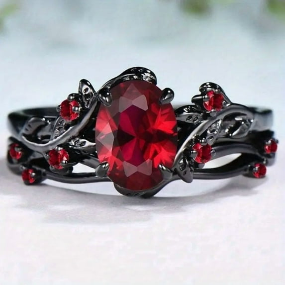 Divine_creation 2.00 Ct Oval Cut Red Garnet Womens Wedding Bridal Ring Set 14K Black Gold Plated 925 Sterling Silver -8