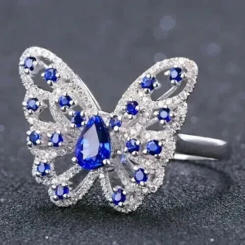 Divine_creation 2.00 Ct Pear Cut Blue Sapphire Butterfly Womens Engagement Ring 14K White Gold Plated 925 Sterling Silver -9.5