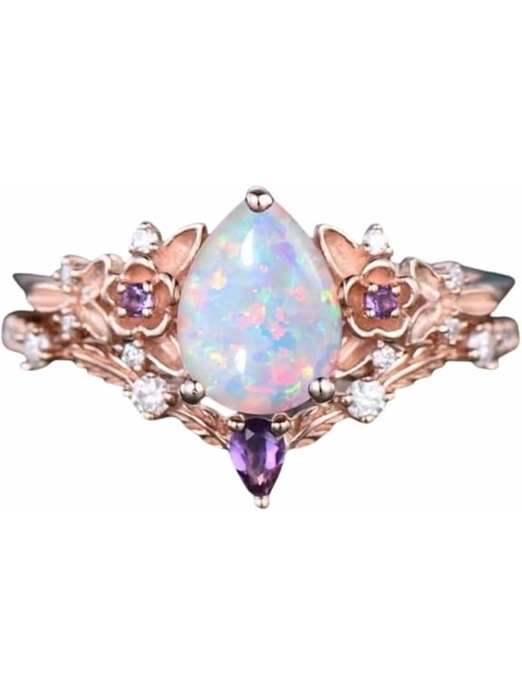 Divine_creation 2.00 Ct Pear Cut Fire Opal Womens Engagement Bridal Ring Set 14K Rose Gold Plated 925 Sterling Silver -10