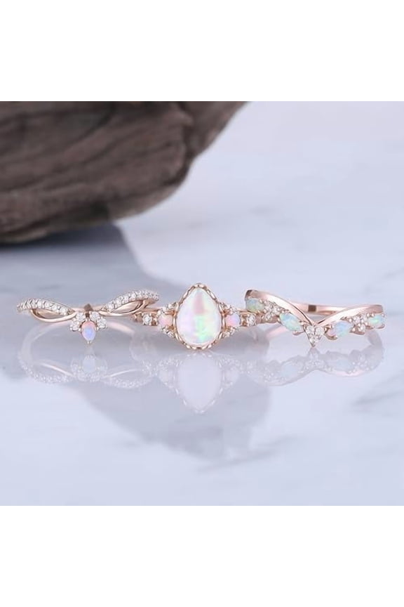 2.00 Ct Pear Cut Fire Opal Womens Wedding Bridal 3Pcs Ring Set 14K Rose Gold Plated 925 Sterling Silver -6